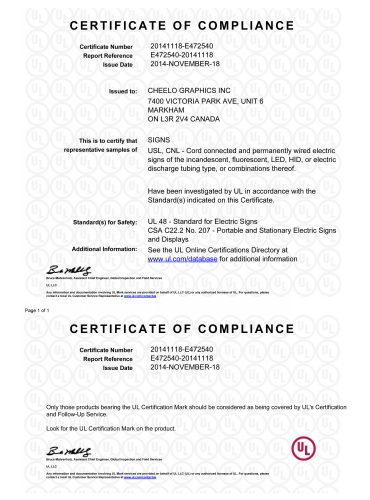 UL certification for Cheelo Graphics, parent company of Future Expo