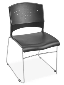 Black plastic stackable chair with metal legs, typically used in schools and convention halls.